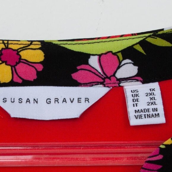 Susan Graver Womens Liquid Knit Floral Neck Top Size 1X Red Short Sleeve Stretch - Picture 4 of 7